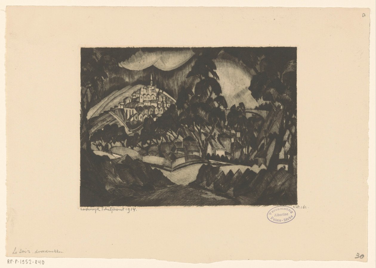 Kopcovitá krajina se stromy a budovami Le Soir (původní název na objektu) od Lodewijk Schelfhout (signed by artist)