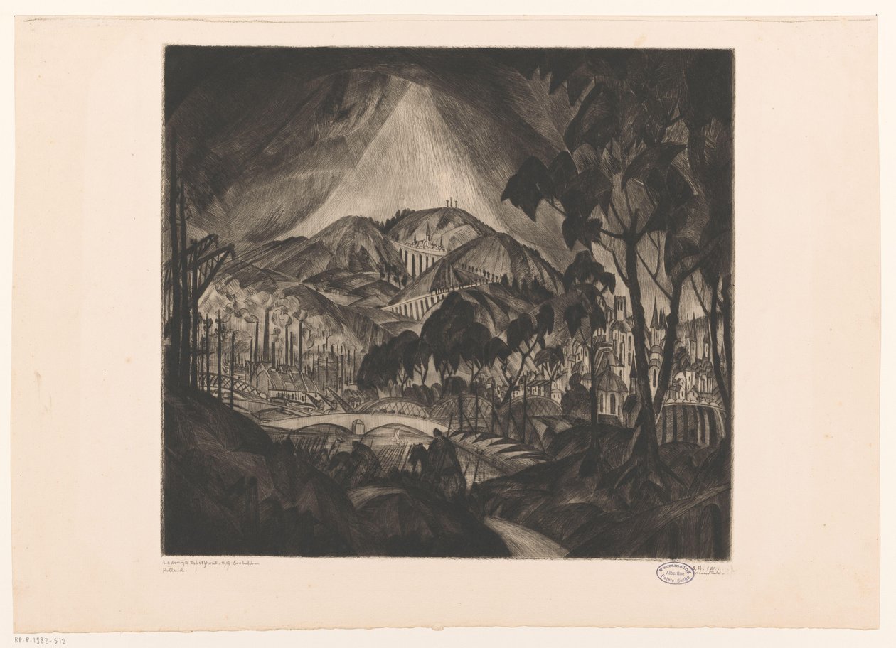 Kopcovitá krajina s průmyslem Evolution (původní název na objektu) od Lodewijk Schelfhout (signed by artist)