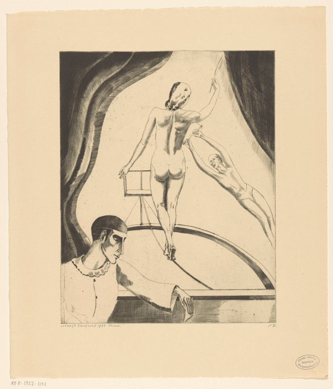 Tanečnice na provaze, hrazda a pierrot Le Cirque I (původní název) od Lodewijk Schelfhout (signed by artist)