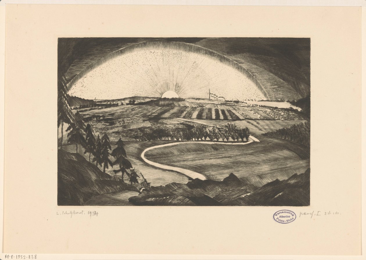 Vycházející nebo zapadající slunce nad kopcovitou krajinou La Bruyere (původní název na objektu) od Lodewijk Schelfhout (signed by artist)