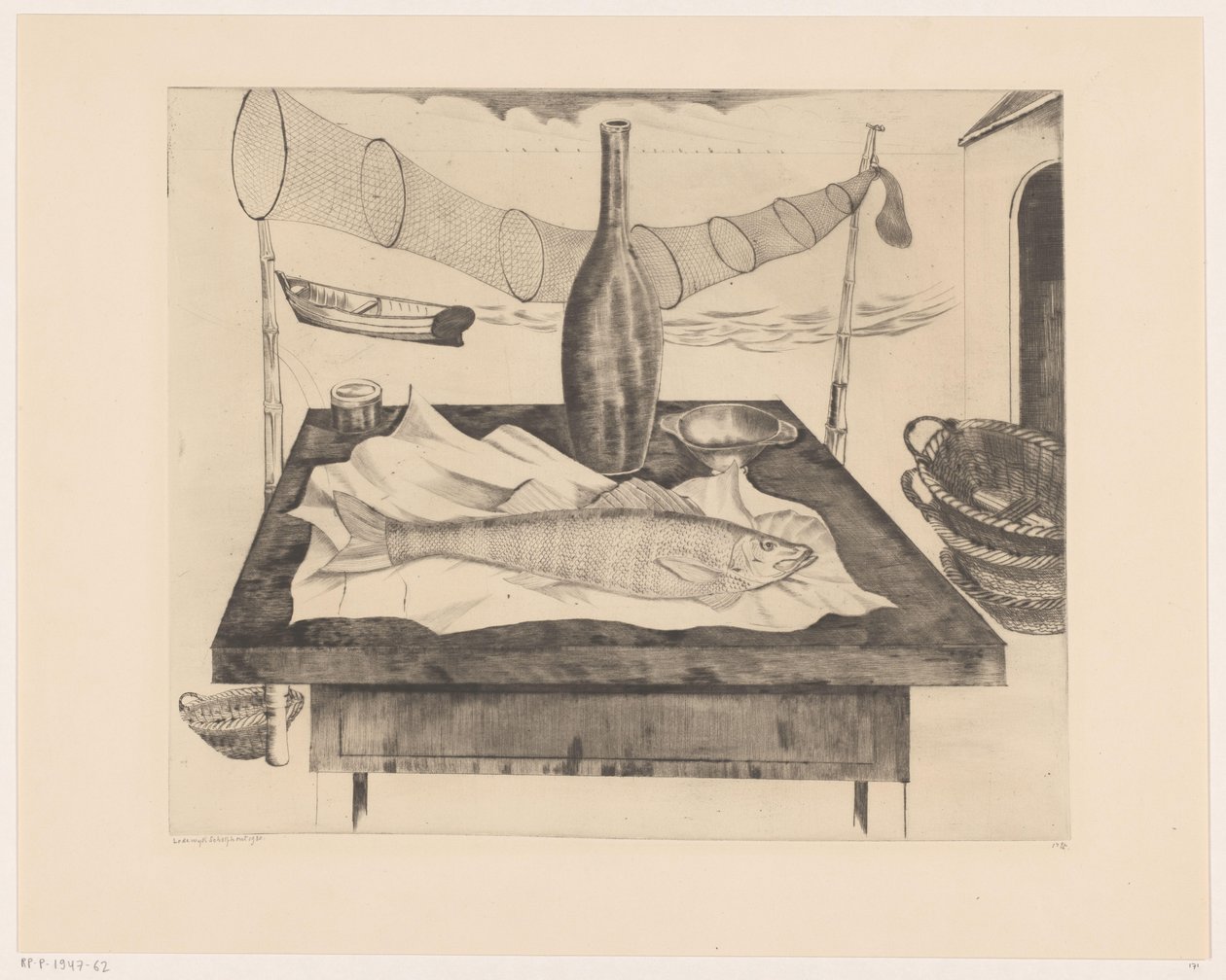 Zátiší s rybami, lahví a rybářskou sítí Après la pêche (původní název) od Lodewijk Schelfhout (signed by artist)