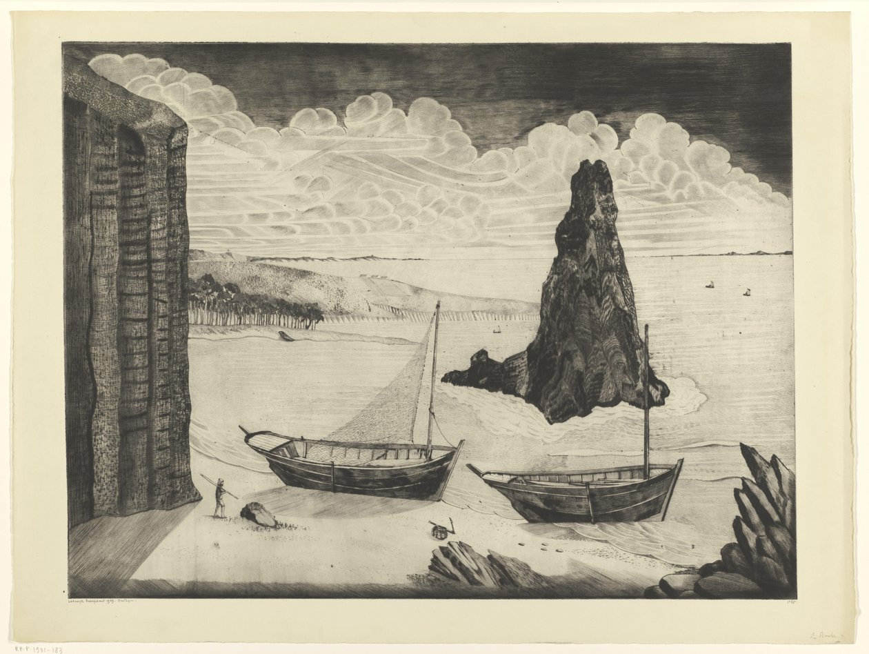 Dvě kotvící lodě na pláži Le Rocher (původní název) od Lodewijk Schelfhout (signed by artist)