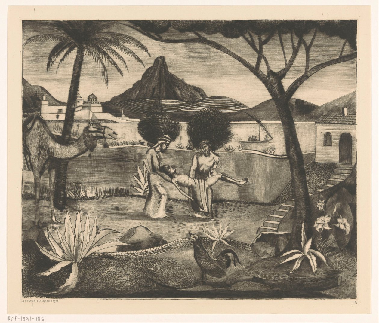 Dva muži nesoucí muže v zahradě od Lodewijk Schelfhout (signed by artist)