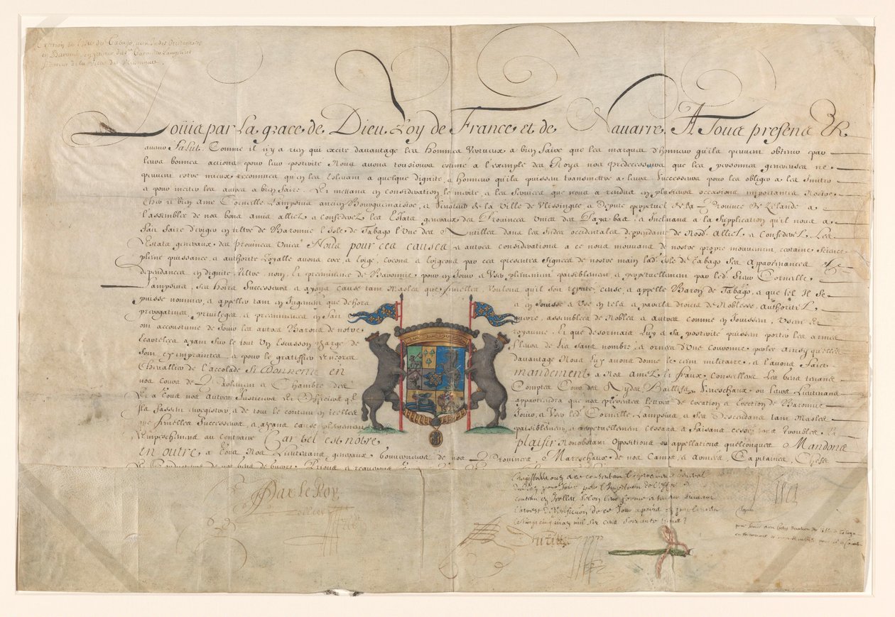 Diplom, kterým Ludvík XIV. povýšil Cornelis Lampsins na barona z Tobaga a rytíře Řádu svatého Michela od Lodewijk XIV (koning van Frankrijk) (signed by artist)
