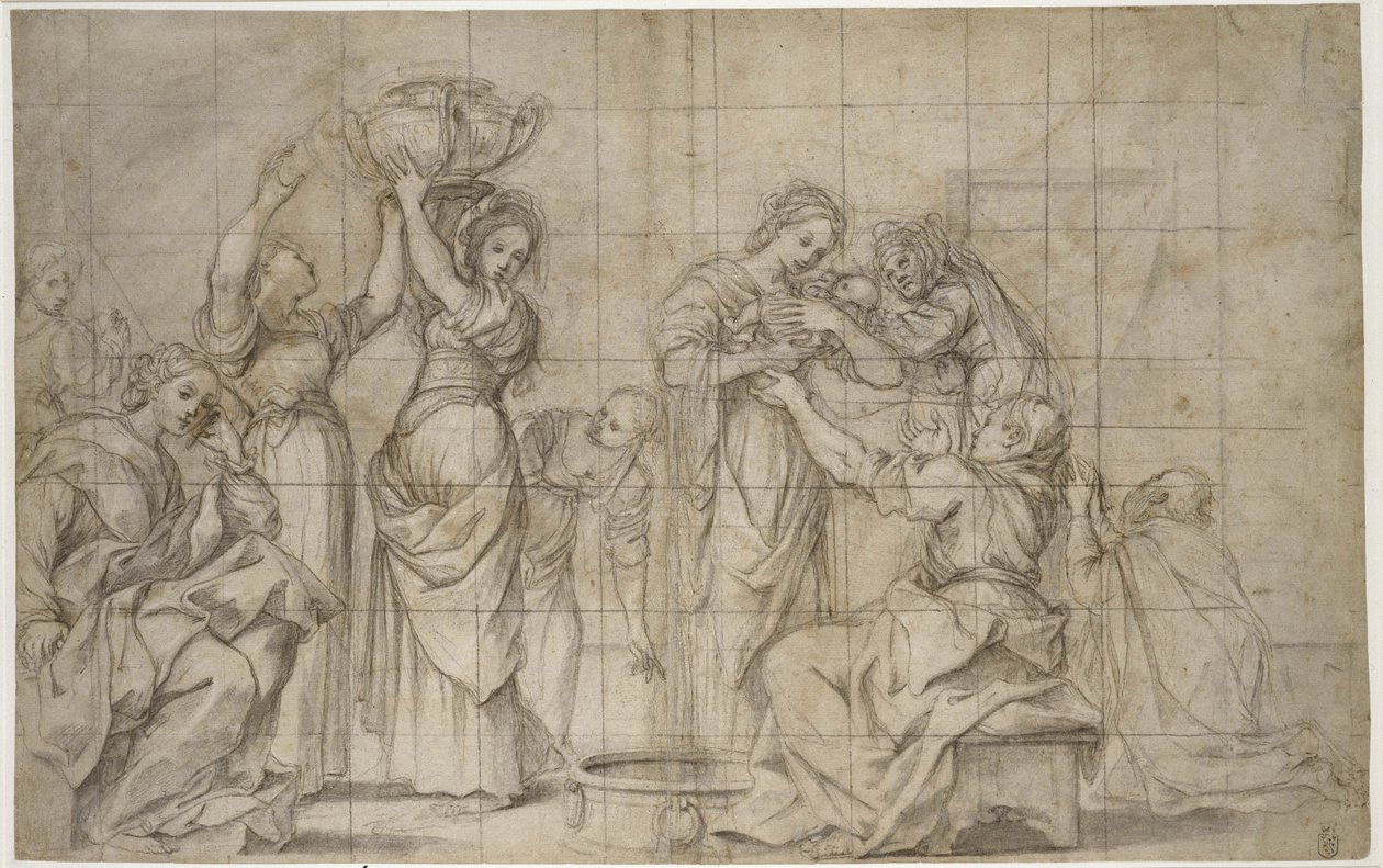 Recto: The Birth of the Baptist (černá křída s perem a hnědým inkoustem a šedým lazurem, zvýrazněná bílou na světle žlutohnědém papíře; odsazeno pro přenos a čtverečkované černou křídou) od Lodovico Carracci