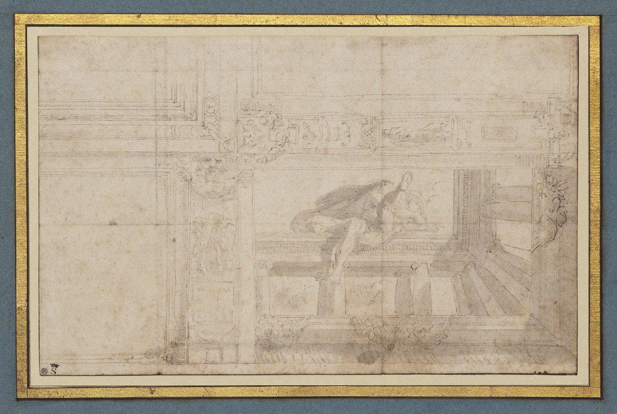 Ignudo, po nástropní fresce v Sala di Ulisse, Palazzo Poggi, Bologna od Lodovico Carracci