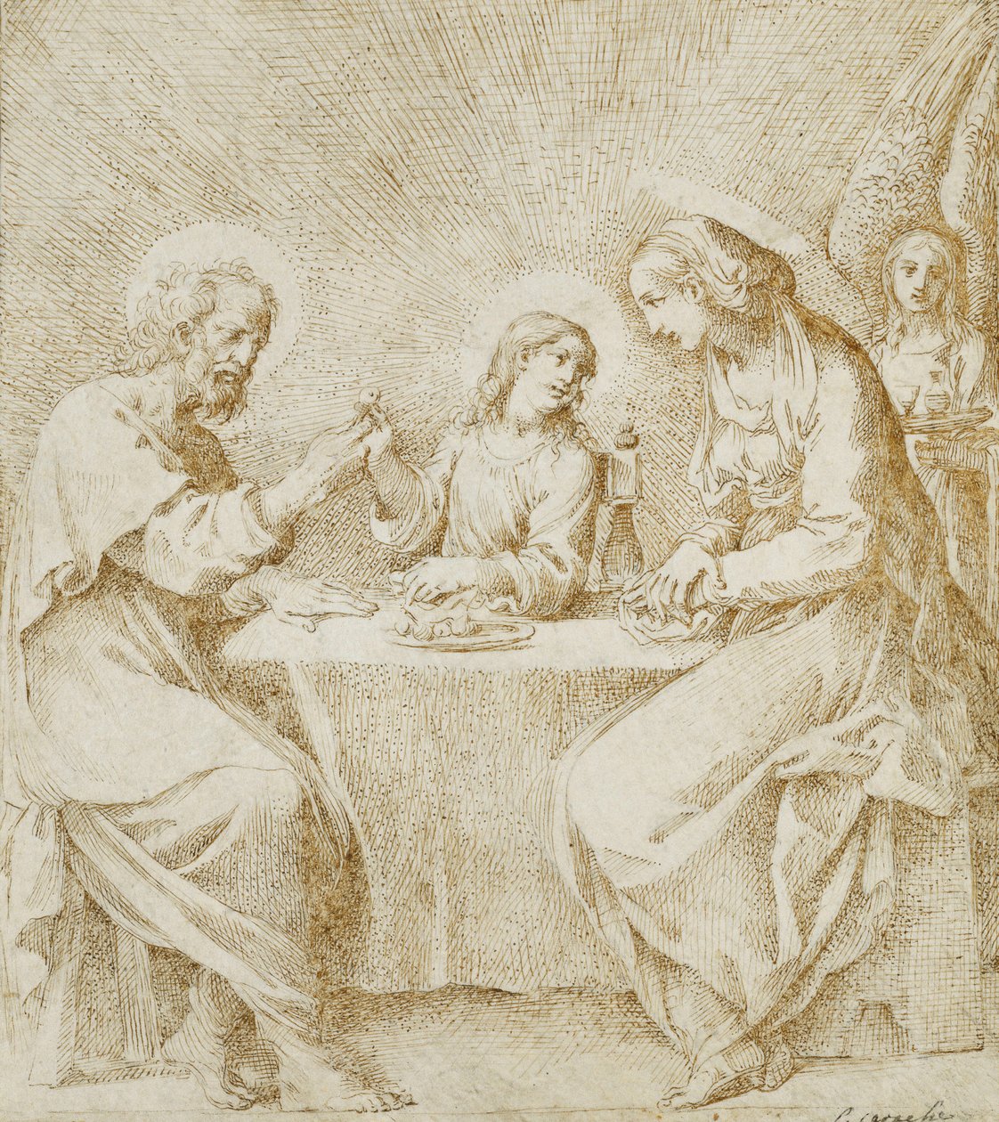 Jezulátko, Panna a svatý Josef sedící u stolu s andělem, od Lodovico Carracci