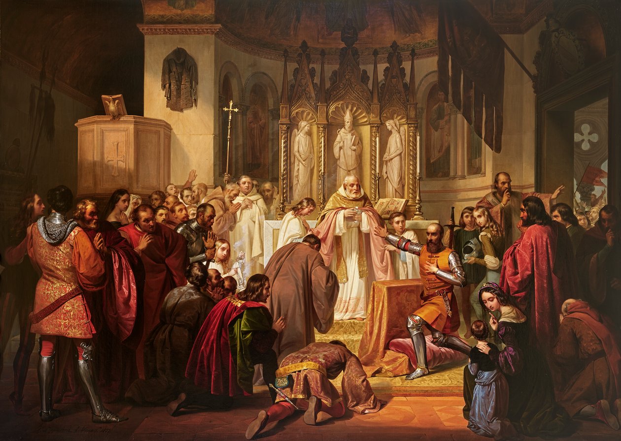 Vittore Pisani přijme svaté přijímání před převzetím velení výpravy proti Janovcům od Lodovico Lipparini