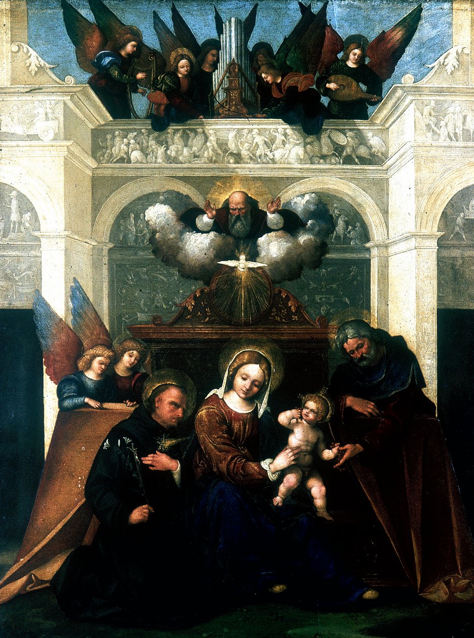„Svatá rodina se svatým Mikulášem z Tolentina“, 1515-1530 od Lodovico Mazzolini