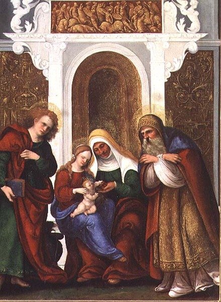 Madonna a dítě s SS. Anne, John the Evangelist and Zacharias or Madonna and St. Anne of the Cherry (panel) od Lodovico Mazzolino
