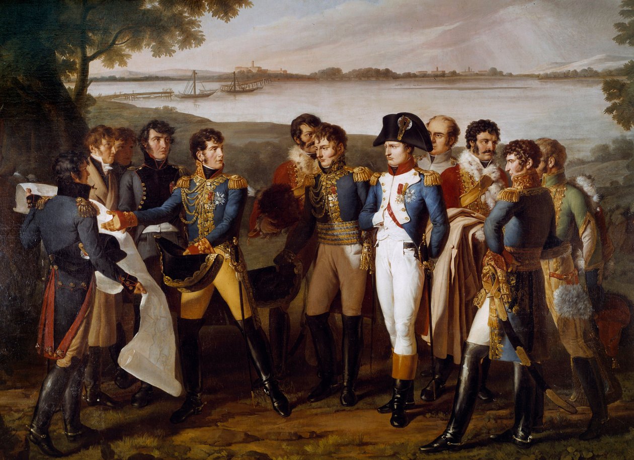 Napoleon I. nařídil 19. května 1809 položit most přes Dunaj u Ebersdorfu. Generál Henri Gatien Bertrand (1773-1844) představuje plány mostu, který má procházet ostrovem Lobau „“ Detail. Obraz od Ludovica Venutiho (aktivní mezi 1799-1810) od Lodovico Venuti
