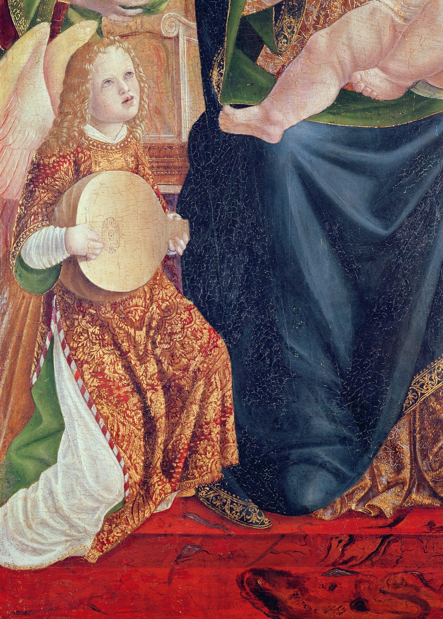 Madonna a dítě s andělskými hudebníky, detail anděla hrajícího na loutnu, cca 1490-1500 (tempera na panelu) od Lombard School