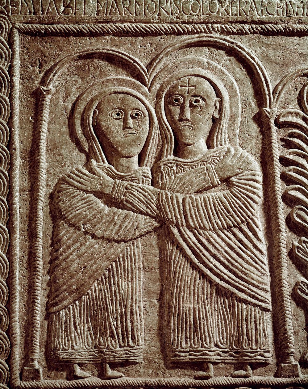 Archeologie středověku (středověk). Barbarské umění Lombardie: Navštívení, Svatá Alžběta a Svatá Marie. Sochařství, lombardské umění, 737-744. Cividale del Friuli, muzeum Chretien, poklad katedrály od Lombard School
