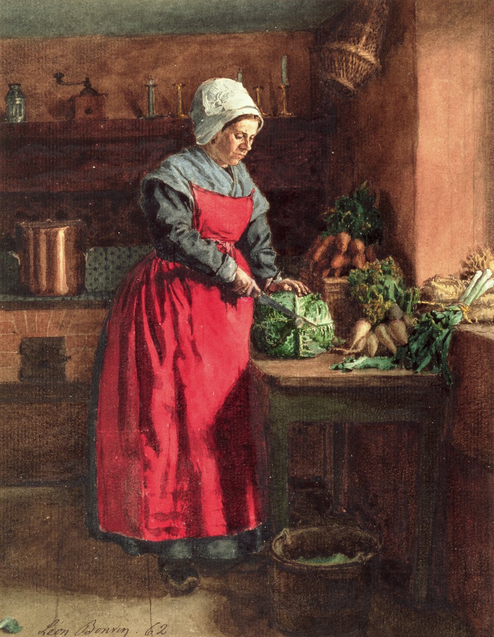 Cook with Red Apron, 1862 (wc, kvaš, pero a inkoust a grafit na papíře) od Léon Bonvin
