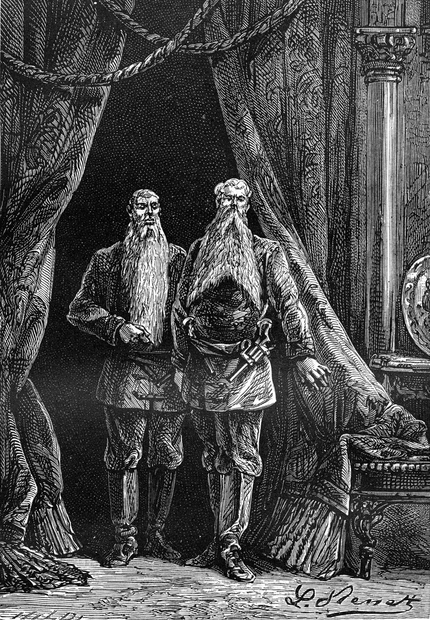 Kresba Leona Benetta z knihy Julese Verna "500 milionů Begum" - edice Hetzel/Extraordinary Voyages 1879. Vzhled Arminia a Sigimera, dvou impozantních vousáčů. od Léon Benett