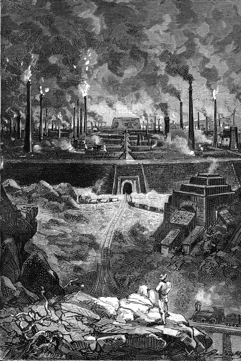 Kresba Leona Benetta z knihy Julese Verna "500 milionů Begum" - edice Hetzel/Extraordinary Voyages 1879. Pohled na "Ocelové město", gigantický soubor továren (vysoké pece - slévárny oceli). od Léon Benett