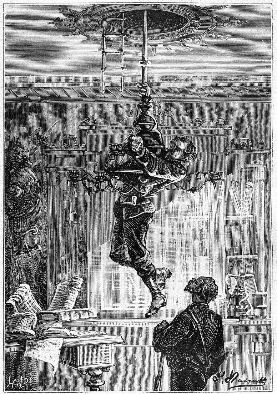 Kresba Leona Benetta z knihy Julese Verna "500 milionů Begum" - edice Hetzel/Extraordinary Voyages 1879. "... Sotva byl zavěšen na kandelábru dore, k jeho krajnímu překvapení mu padl pod ruku. Strop od Léon Benett