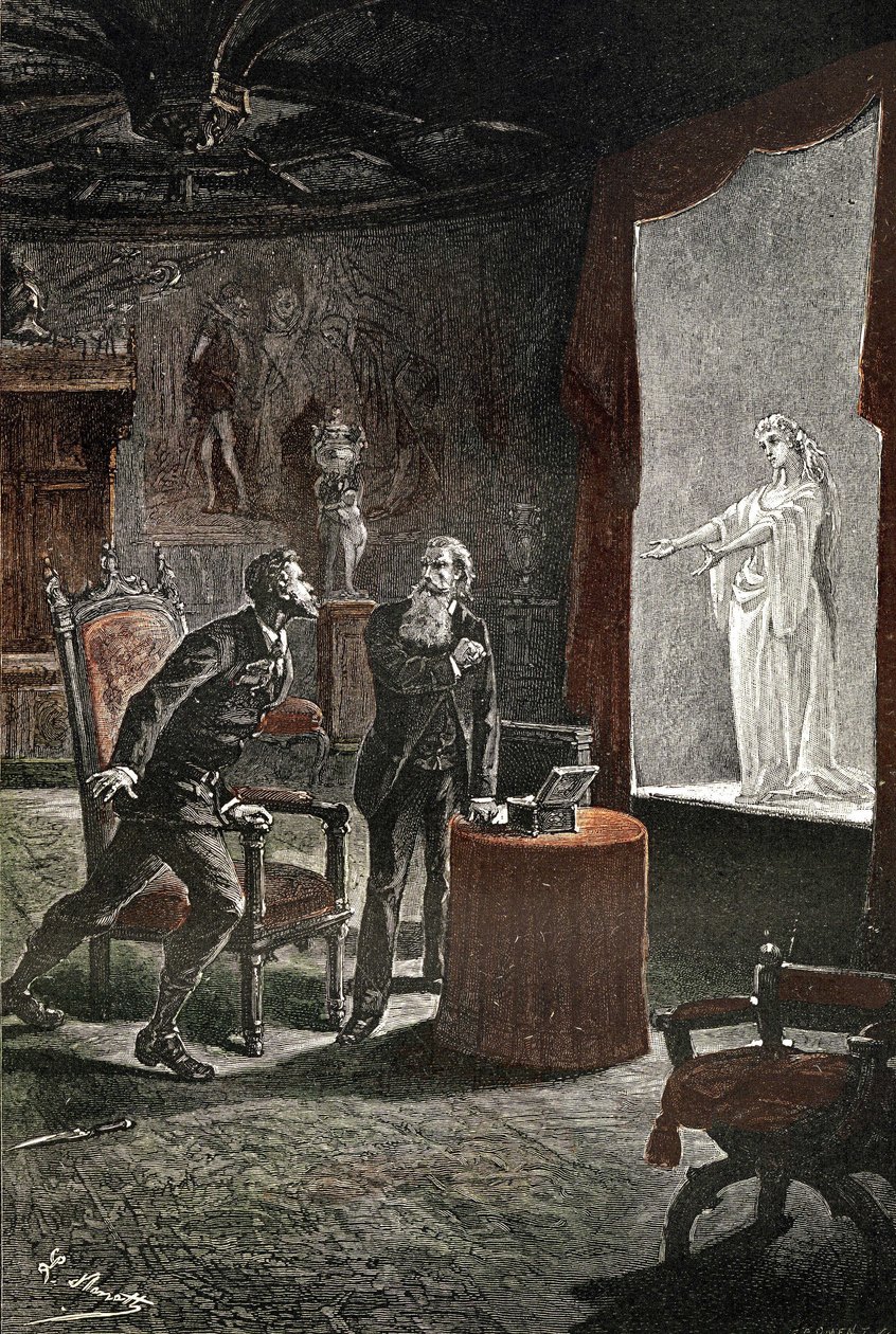 Ilustrace k románu Julese Verna "Le chateau des Carpathes", edice Hetzel/Voyages extraordinaire, napsaný v letech 1884 až 1889, vydaný v roce 1892, kresba Leona Benetta. La Stilla, pozdní zpěvačka, se objevila v knize Franz de Telek, díky zařízení designu od Léon Benett