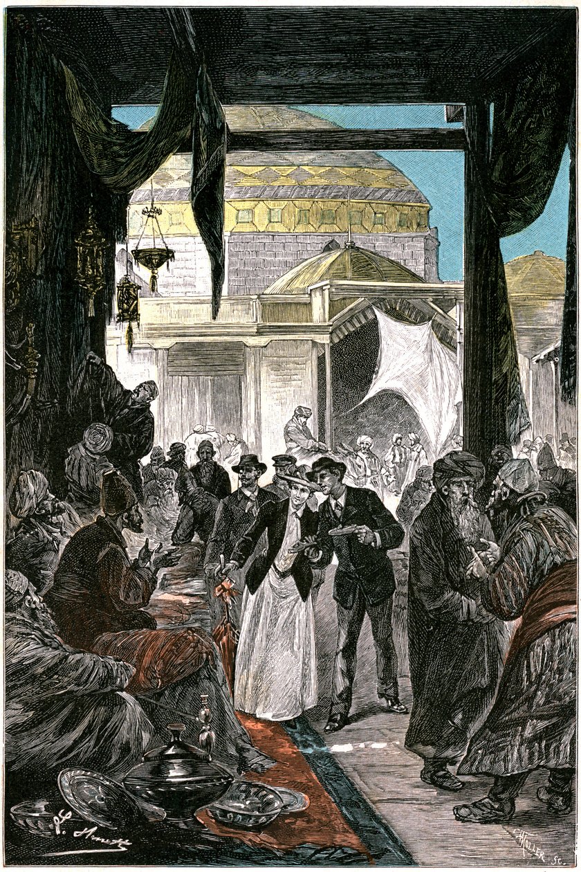 Bazar v Samarkandu (dnes Samarkand nebo Samarqand v Uzbekistánu), ilustrace k románu Julese Verna "Claudius Bombarnac", edice Hetzel 1892 - Kresba Leona Benetta (Hippolyte Leon Benet) od Léon Benett