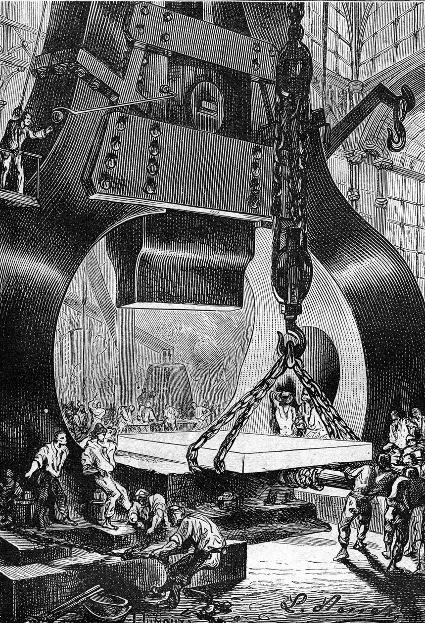 kresba Leona Benetta z knihy Julese Verna "500 milionů Begum" - edice Hetzel/Podivuhodné cesty 1879. kladivový bubeník při práci ve slévárně oceli. od Léon Benett