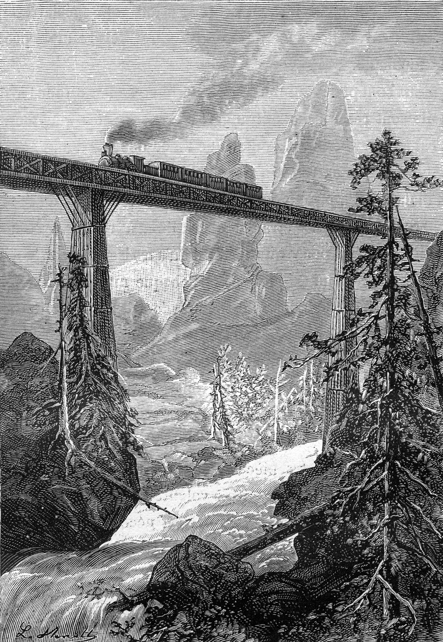 kresba Leona Benetta z knihy Julese Verna "500 milionů Begum" - edice Hetzel/Extraordinary Voyages 1879. Parní vlak projíždějící po odvážném mostě v horské krajině s potokem. od Léon Benett