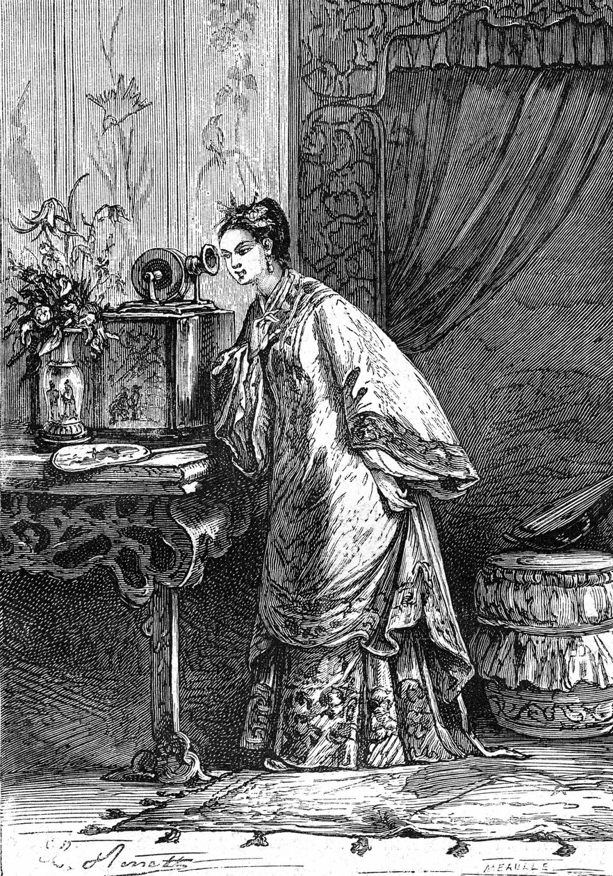 kresba Leona Benetta z knihy Julese Verna "Útrapy Číňana v Číně" - Hetzelovo vydání / Podivuhodné cesty 1879. Mladá čínská dívka poslouchá nahranou zprávu na fonografu. od Léon Benett