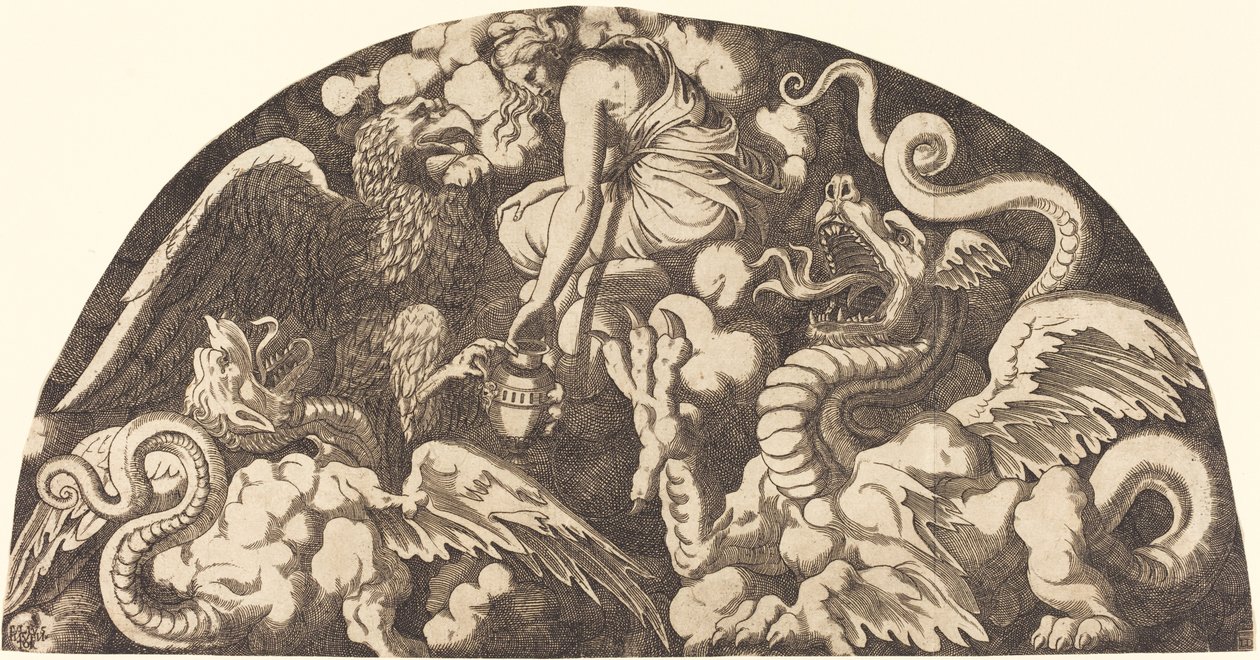 Jupiter přináší vodu Styx do Psyche od Léon Davent after Giulio Romano