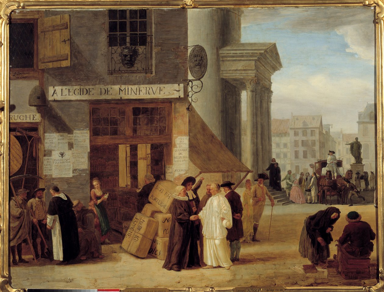 V Egide de Minerve, knihkupectví v belgickém Lutychu, které prodávalo knihy zakázané mocí nebo církví. Toleranční politika Josefa II. (1741-1790) upřednostňující encyklopedisty. Obraz Leonarda Defrance (nebo De France) (1735-1806) 18. století Dijon od Léonard Defrance