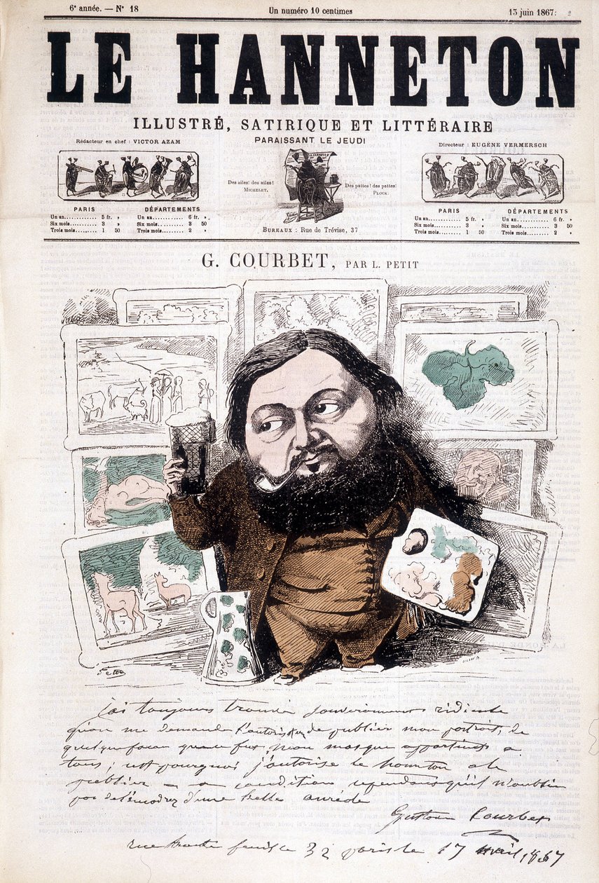 Portrét Gustava Courbeta, francouzského malíře (1819-1877). V Le Hanneton od Léonce Justin Alexandre Petit
