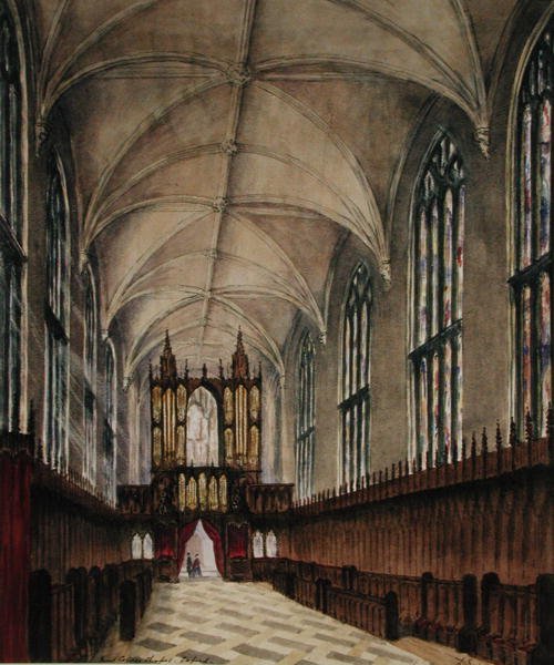 Interiér kaple New College po pozdějších úpravách v 18. století, cca 1870 (akvarel na papíře) od Loraine Salome Estridge