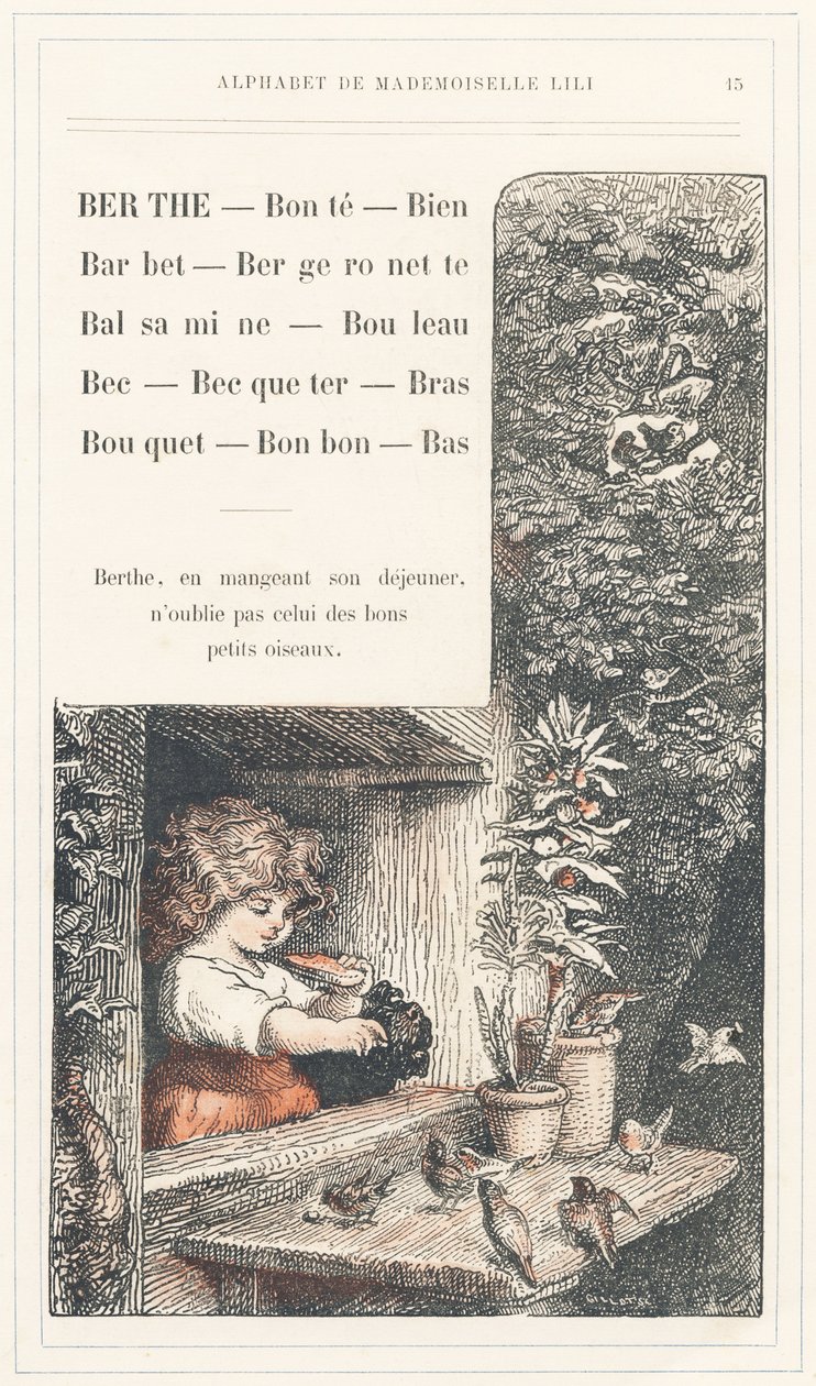 Berthe, Bonte, Well, Barbet, Bergeronnette, Balsamine, Birch, Beak, Becqueter, Arm, Bouquet, Candy, Bottom, strana 15 - Abeceda Mademoiselle Lili, L. Froelich a tatínek (sám Hetzel). Bibliotheque  Magasin d