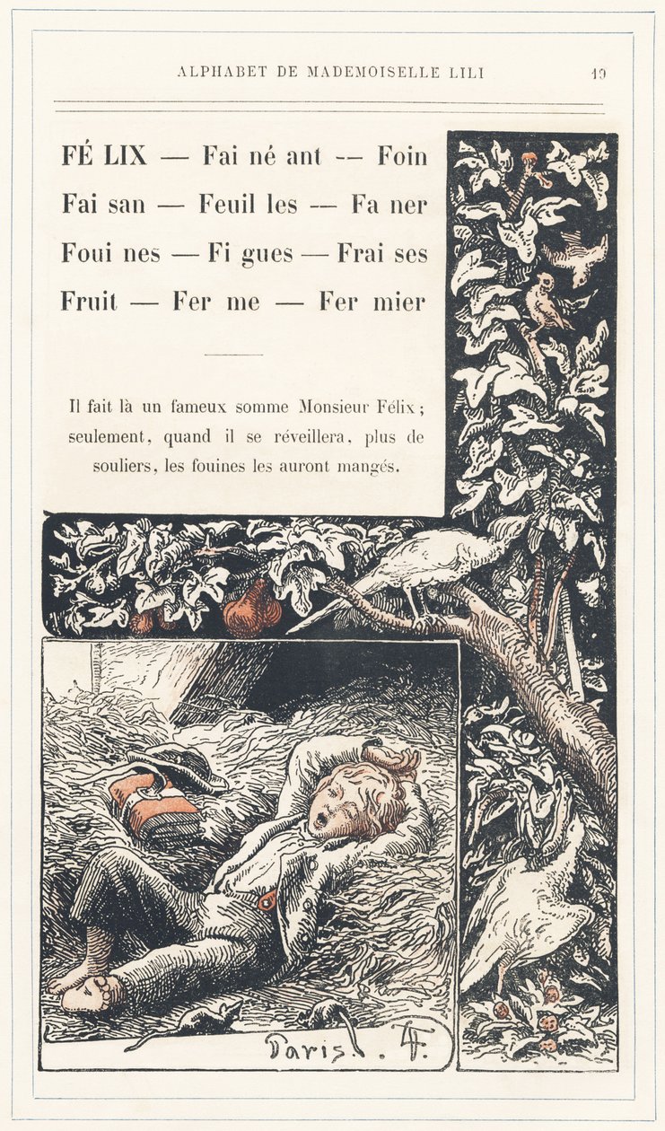 Felix, Lež, Seno, Bažant, Listí, Fanouš, Lasičky, Fíky, Jahody, Ovoce, Farma, Farmář, strana 19 - Abeceda paní Lili, L. Froelich a otec (sám Hetzel). Bibliotheque  Magasin d