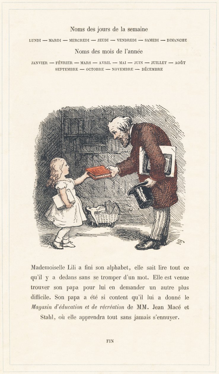 Mademoiselle Lili umí číst, strana 40 - Abeceda Mademoiselle Lili, autor L. Froelich a tatínek (sám Hetzel). Bibliotheque  Magasin d