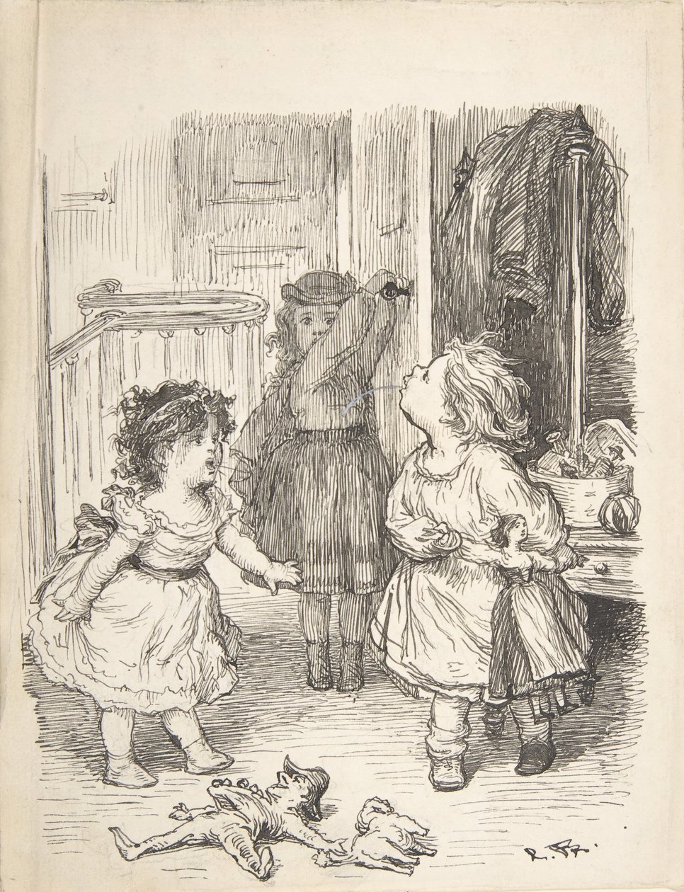 Tři malé holčičky v pokoji se hádají a plivají, 1835-1903. od Lorenz Frølich