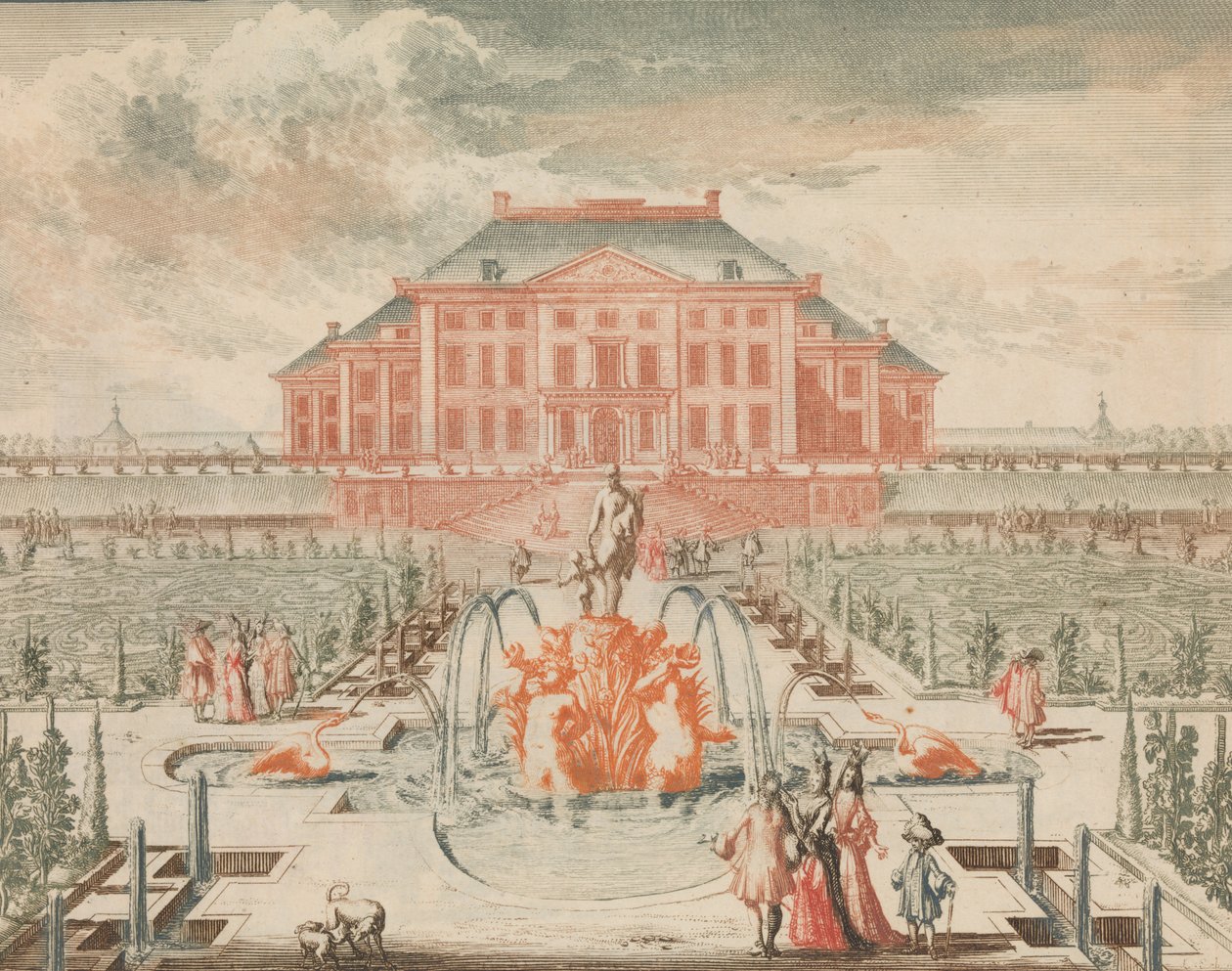 The Konings Huis van de Tuin-zyde, s fontánou Venuše, v: Tooneel Der Voornaamste N..., n.d. od Lorenz Scherm
