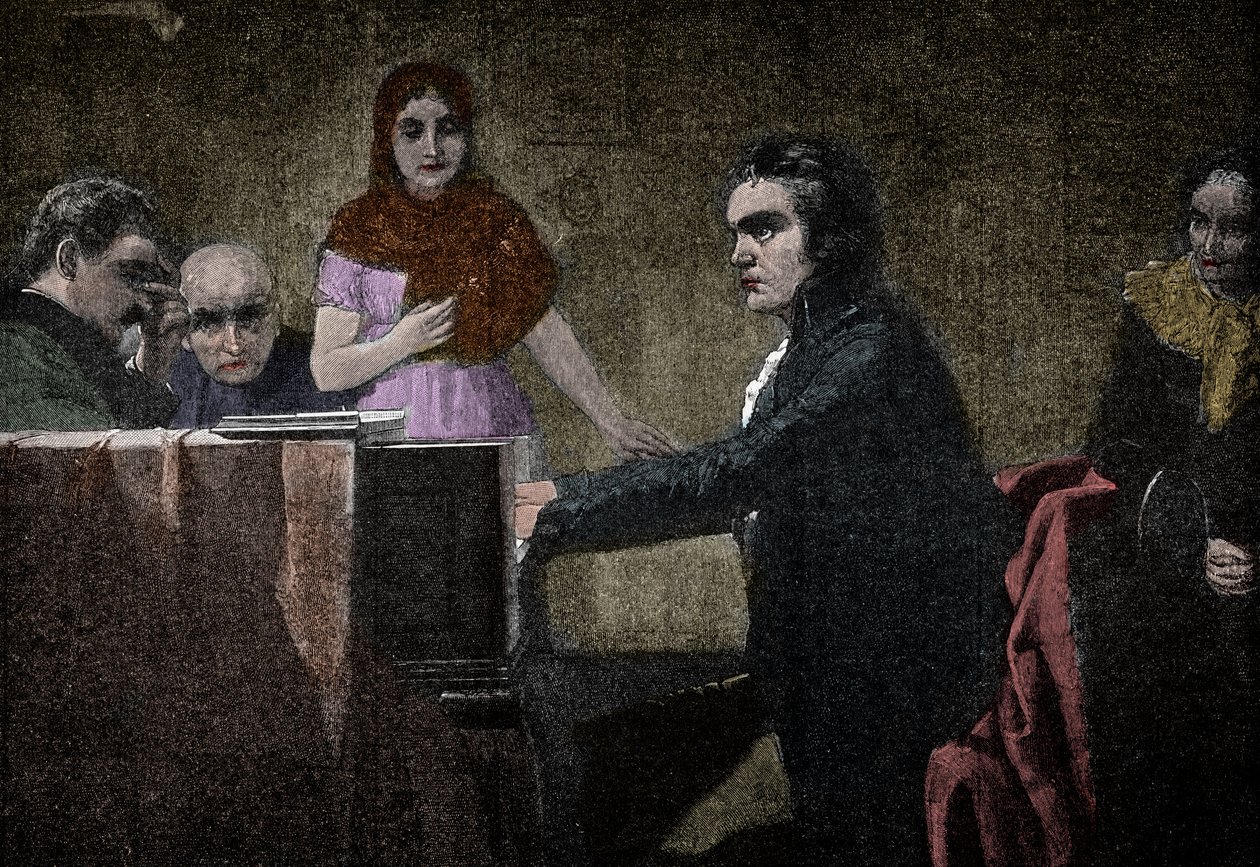 Ludwig van Beethoven hraje sonátu Moonlight - rytina podle Lorenze Vogela - Ludwig van Beethoven (1770-1827), německý hudebník, hrající sonátu v UT moll (Moonlight - Moonlight) podle obrazu Lorenze Vogela (1846-1902) od Lorenz Vogel