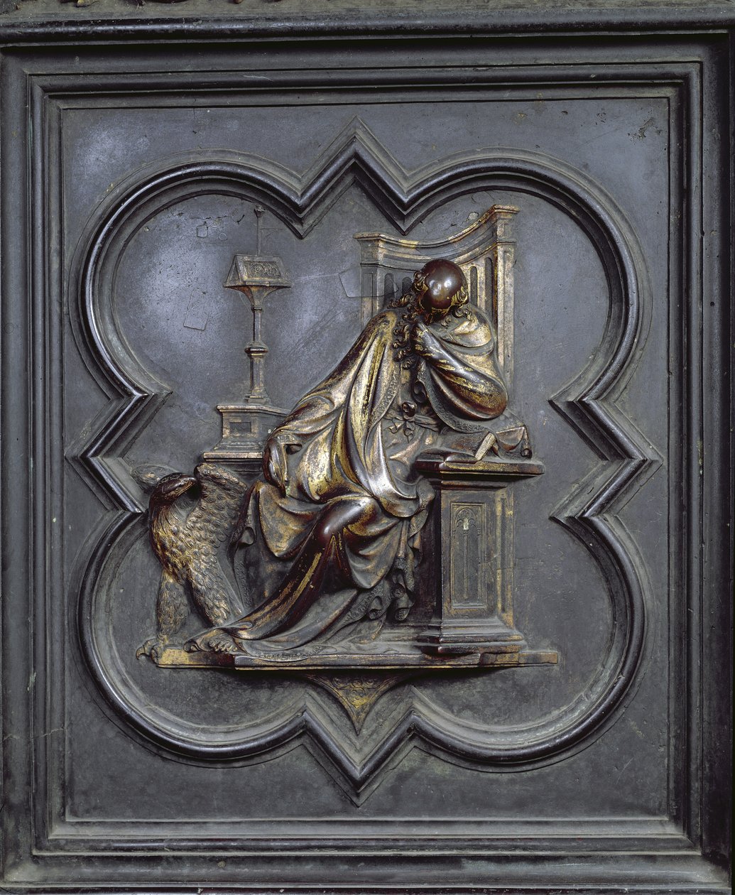 Svatý Jan Evangelista, panel A severních dveří baptisteria San Giovanni, 1403-24 (bronz) od Lorenzo Ghiberti