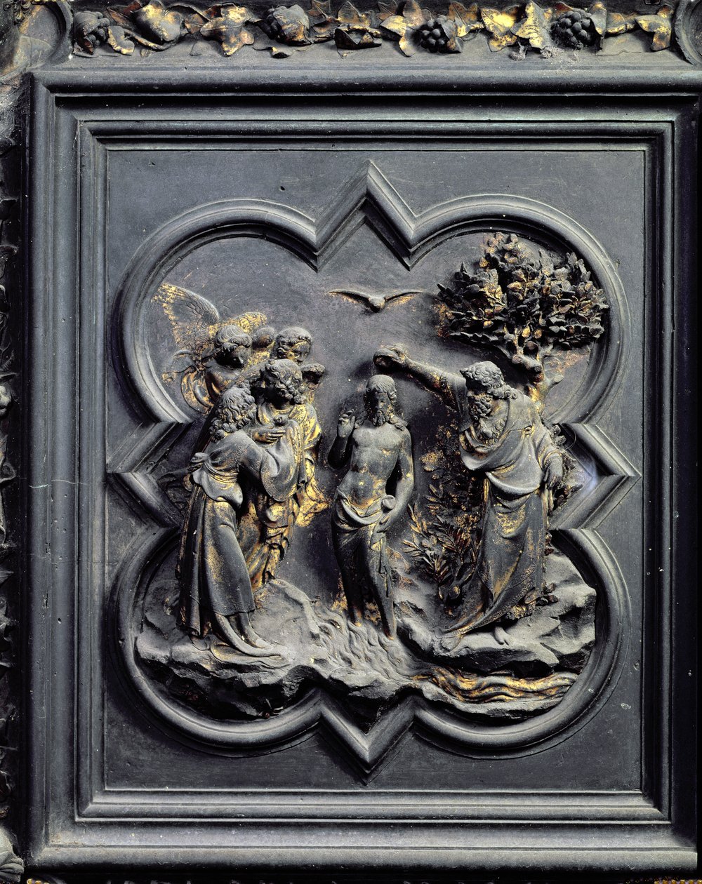 The Baptism of Christ, pátý panel Severních dveří baptisteria San Giovanni, 1403-24 (bronz) od Lorenzo Ghiberti