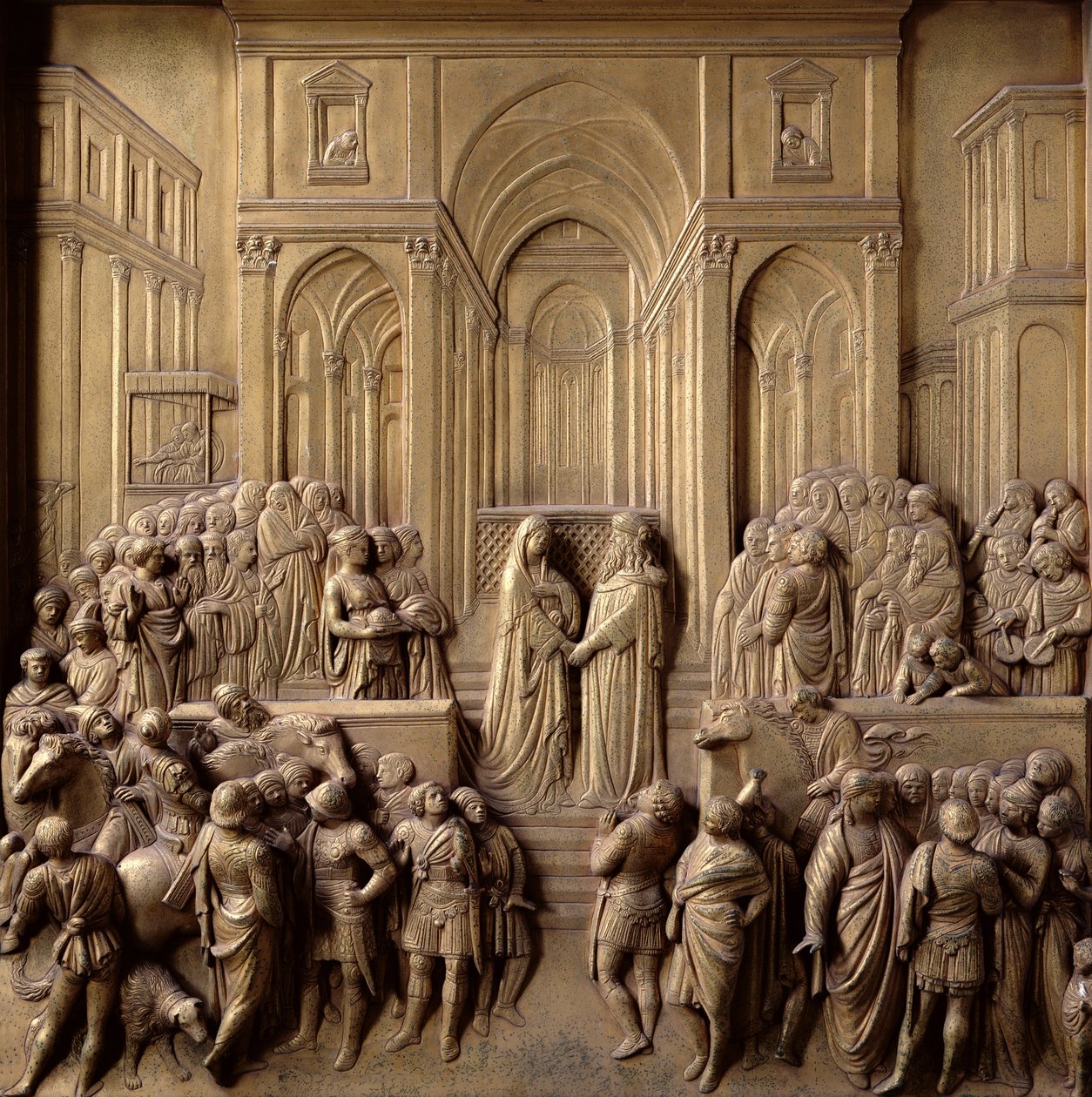 Setkání krále Šalamouna a královny ze Sáby, jeden z deseti reliéfních panelů z Brány ráje (východní dveře), 1425-52 (zlacený bronz) (viz také 87652-60 a 87662-67) od Lorenzo Ghiberti