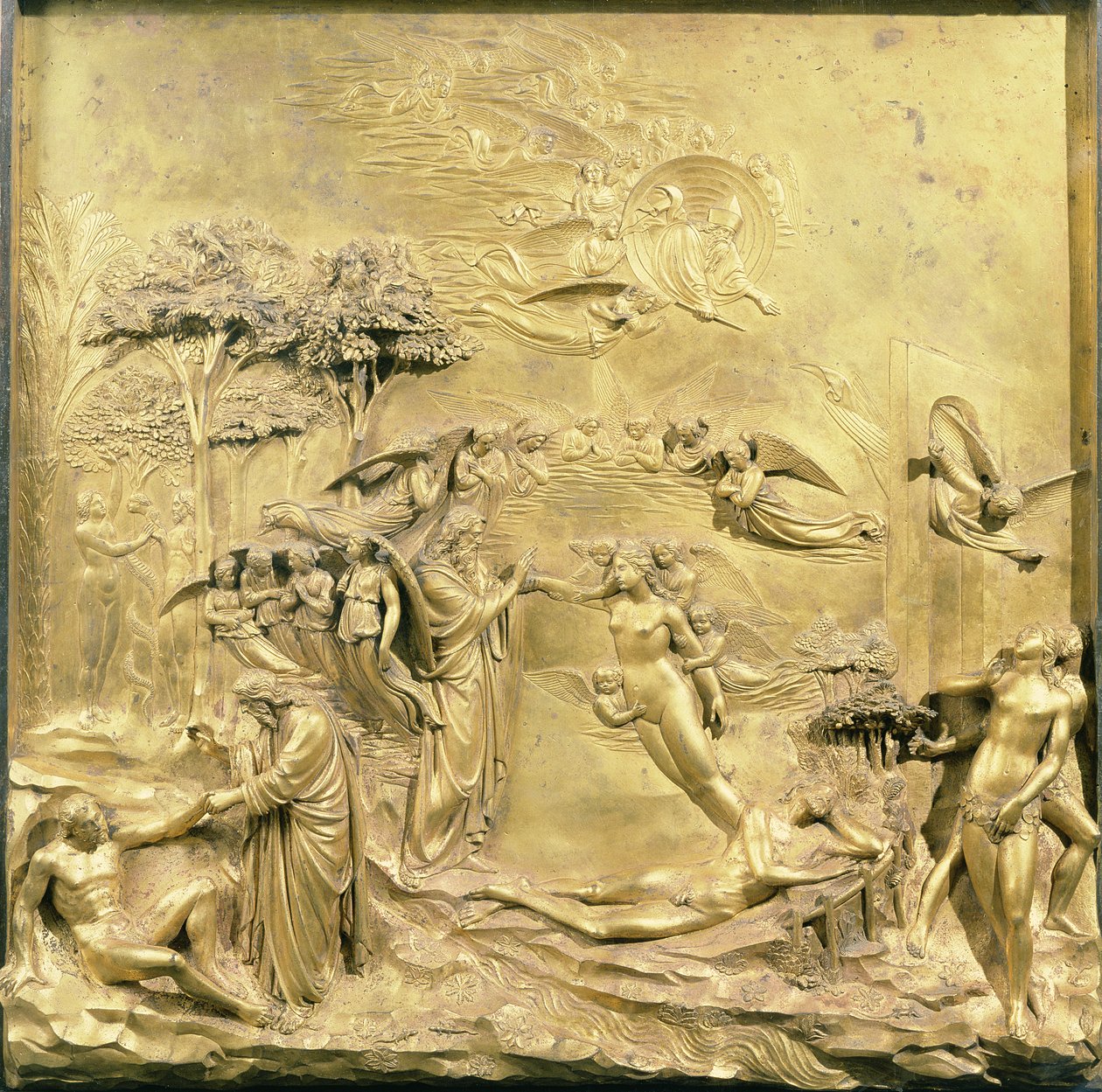 The Story of Adam, jeden z původních panelů z East Doors of the Baptistery, 1425-52 (pozlacený bronz) (po restaurování) od Lorenzo Ghiberti