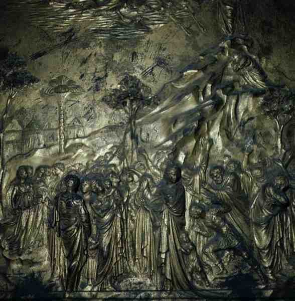 Příběh Mojžíše na hoře Sinaj, detail z rajských dveří, 1425-52 (bronz) od Lorenzo Ghiberti