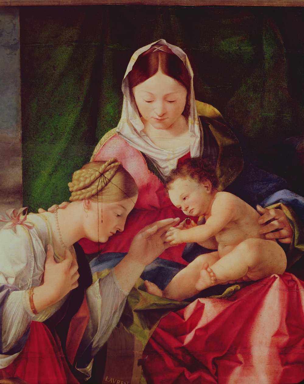 Detail oleje Mystic Marriage of Saint Catherine na panelu od Lorenzo Lotto