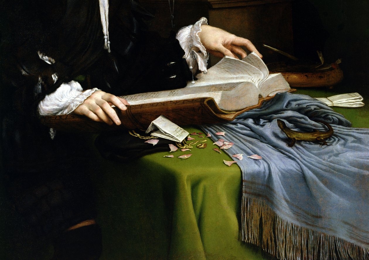 Portrét gentlemana v jeho pracovně, 1528-30 (detail) (po restaurování) od Lorenzo Lotto