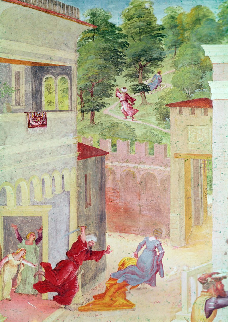 Scény ze života svaté Barbory, detail sv. Barbory ohrožené jejím otcem, kolem 1523-24 od Lorenzo Lotto
