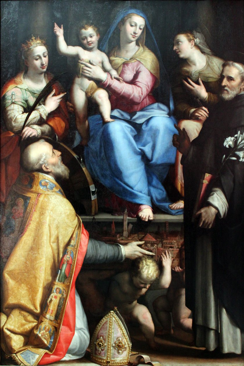 Marie na trůn s požehnaným dítětem a svatými Petroniem, Kateřinou Alexandrijskou, Dominikem a Apollonií od Lorenzo Sabbatini