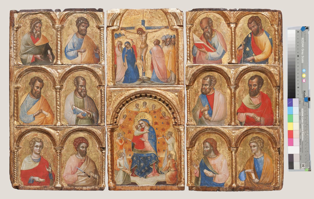 Madona s dítětem s anděly, Ukřižováním a dvanácti apoštoly nebo svatými, asi 1360, tempera na desce od Lorenzo Veneziano
