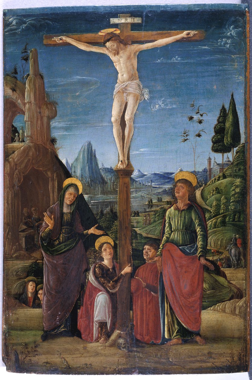 Ukřižování s Marií, Janem, Marií Magdalenou a dobrodincem, kolem roku 1480 (tempera na dřevě) od Lorenzo attr. to Costa