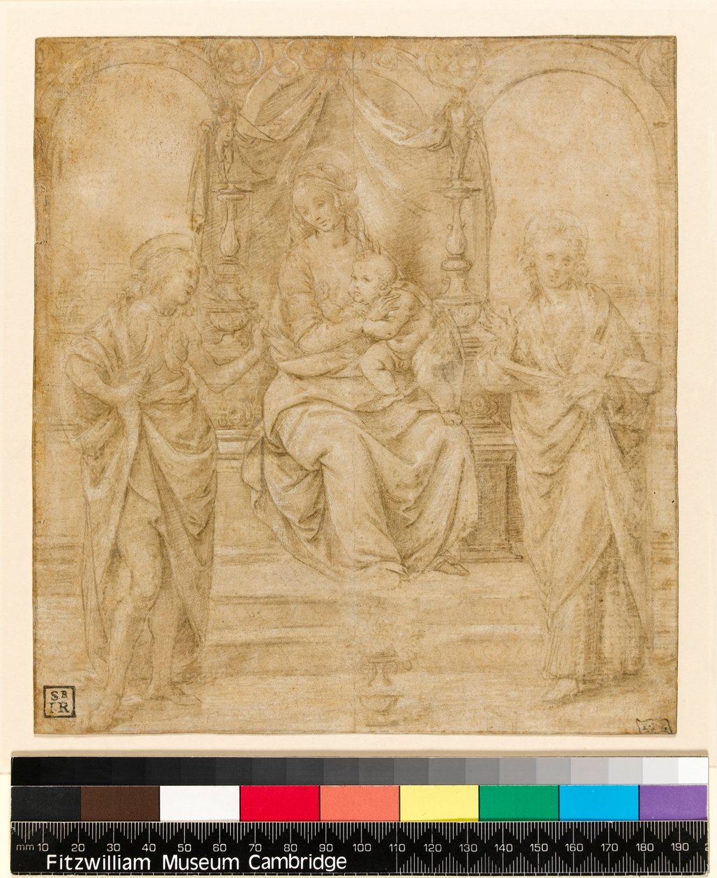 Panna a dítě s SS. Jan Křtitel a Šebestián: Studie pro drážďanský oltář (stříbrný bílý pigment na papíře) od Lorenzo di Credi