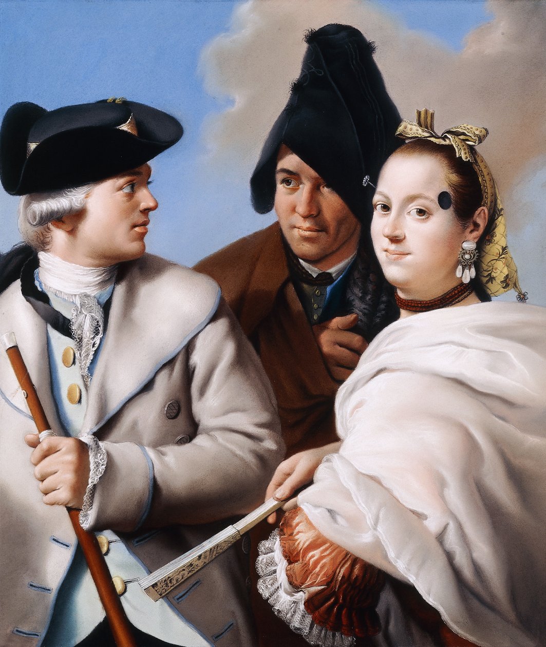 Gentleman v trojrohém klobouku držící hůl, Gentleman v černé frygické čepici a mladá žena s mouche v červených šatech, od Lorenzo Baldissera Tiepolo