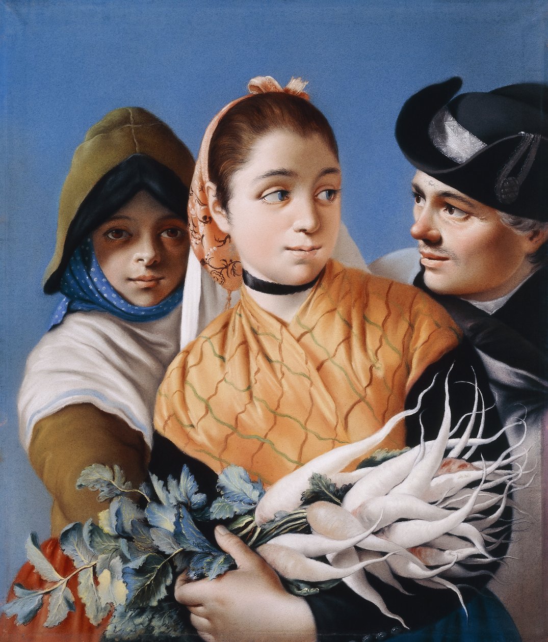 Dívka v oranžovém šátku držící tuřín, Dívka v zelené čepici a šatech a gentleman v černém klobouku Tricorn, od Lorenzo Baldissera Tiepolo